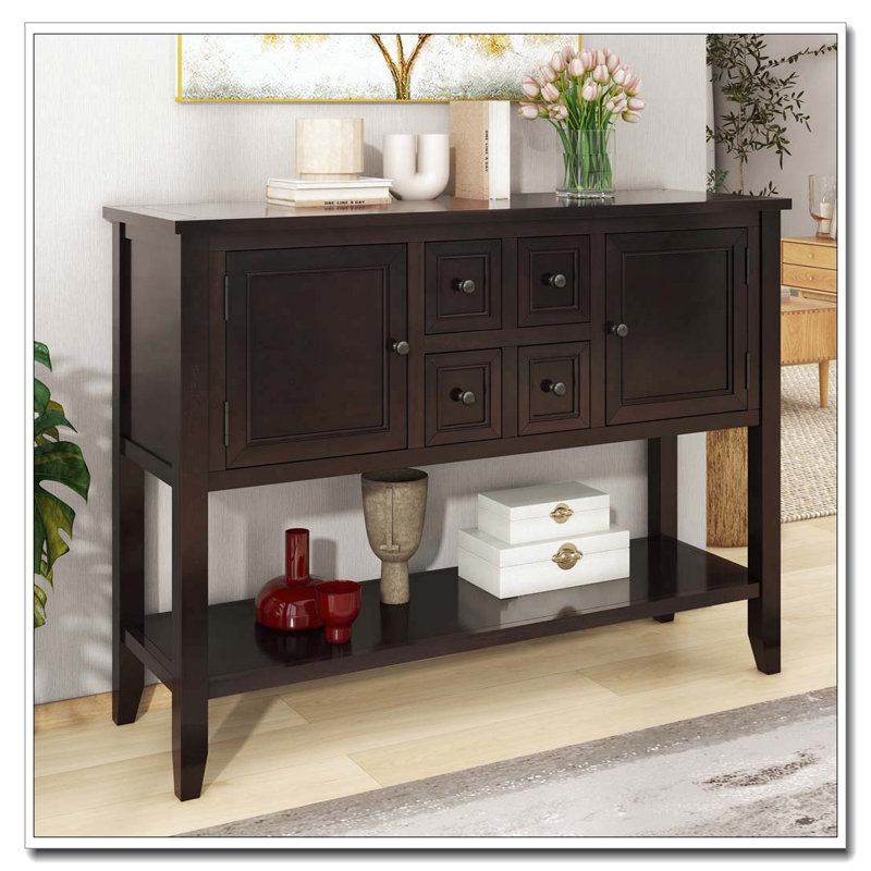 Console de rangement rétro avec quatre petits tiroirs et une tablette inférieure, Espresso