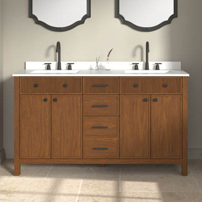 Meuble-lavabo autoportant simple 48 po OVE Magnolia en noyer chaud, plateau en pierre d'ingénierie blanche, quincaillerie or brossé