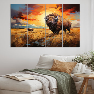 Art amérindien Bison Prairies II sur toile, reproduction de 4 pièces
