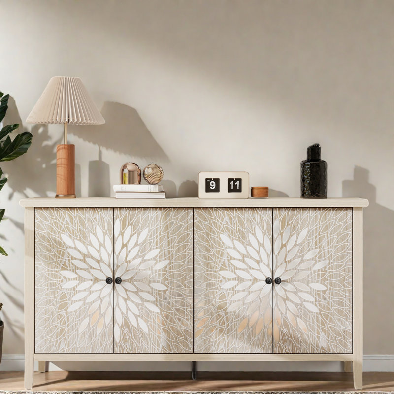 Natural Wood 58in Sideboard with Carved Floral Pattern and Adjustable Shelves