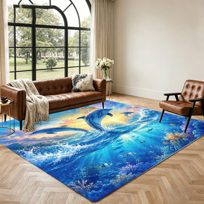 Tapis imprimé dauphins, tapis de sol réaliste sur le thème des fonds marins, tapis décoratif antidérapant pour salon, chambre et décoration intérieure.