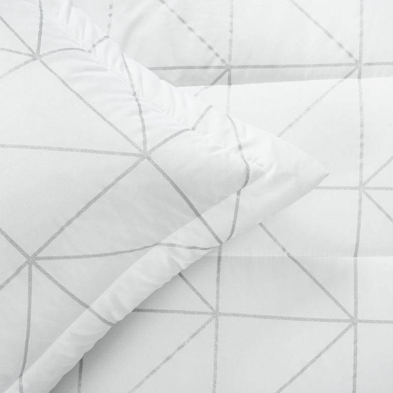 White and Silver Geometric Microfiber Full Comforter Set