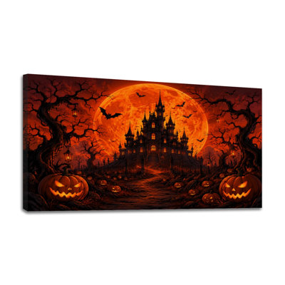 Toile, art mural château hanté pleine lune ou lanternes, halloween