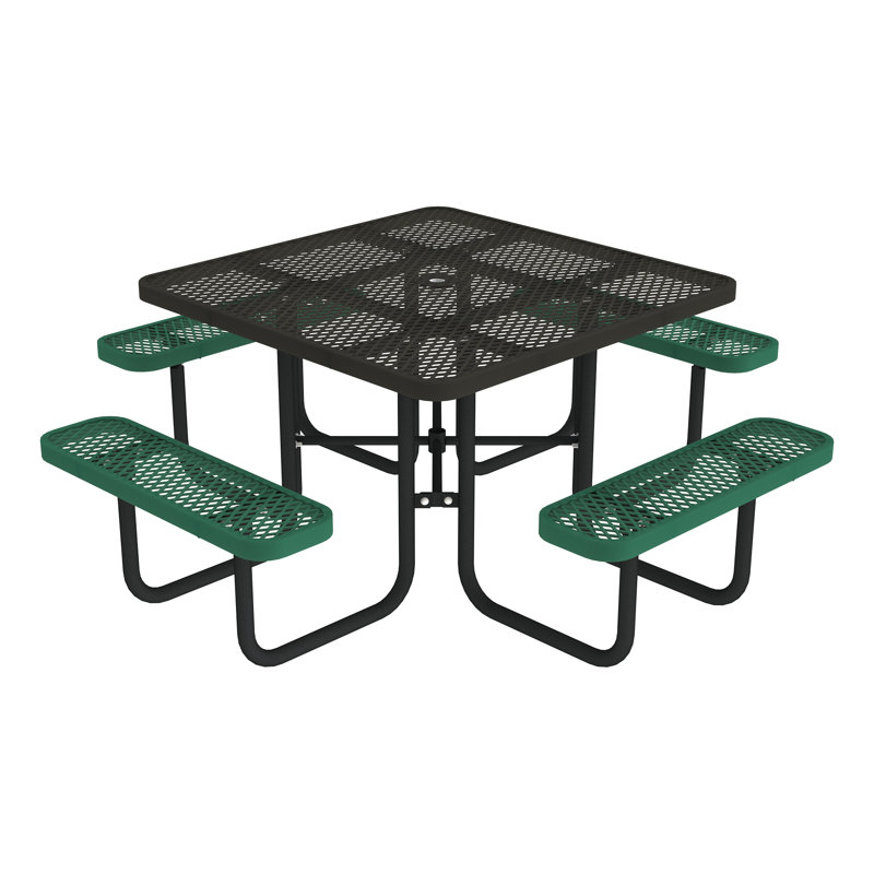 Open Air Series Square Picnic Table with Benches, Umbrella Hole, and Surface Mount, Noir / Vert