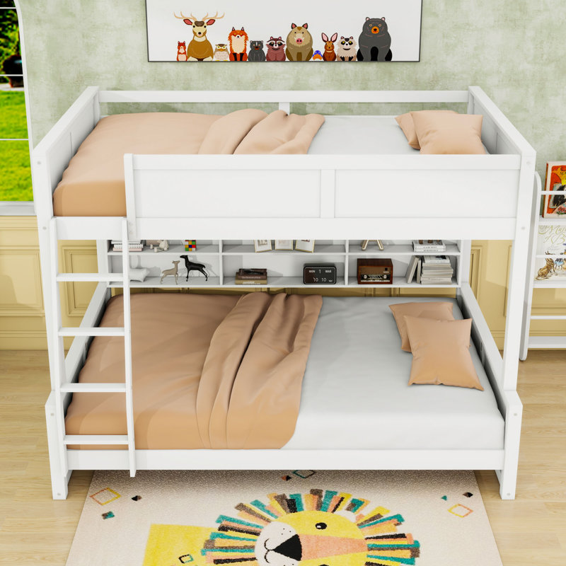 Bunk Bed With Cabinets And USB Ports, Antique White, Full XL Over Queen