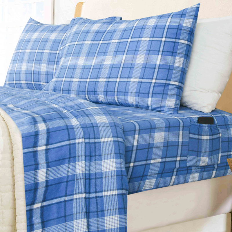 Full Dark Blue Plaid Cotton Flannel Deep Pocket Sheet Set