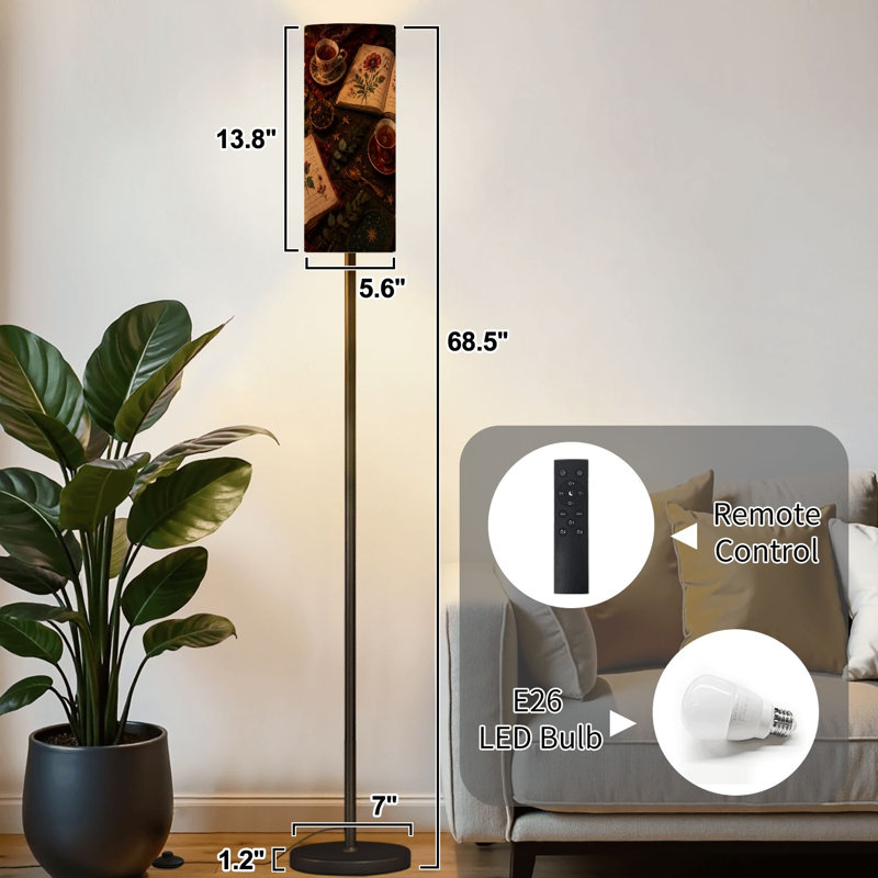 Lampe sur pied Cozy Tea Vintage Collection Bougies Botaniques Lampe sur pied moderne à intensité variable avec télécommande et interrupteur au pied, abat-jour, lampadaire haut pour salon, chambre ou bureau