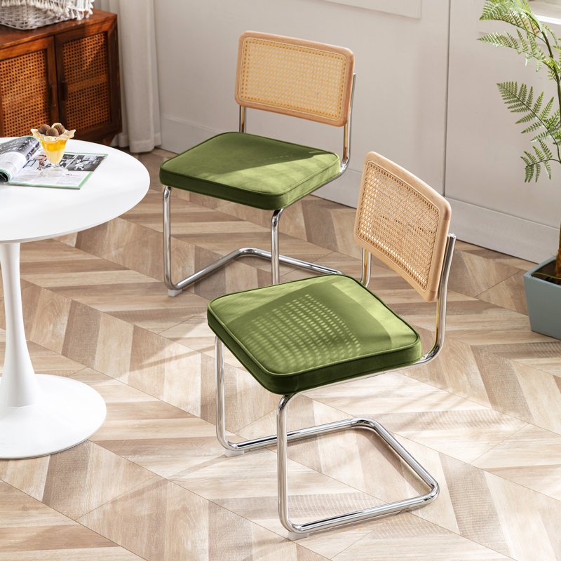 Crumley 47.8cm Dining Chair with Natural Rattan Backrest, Upholstered Seat and Steel Frame(Set of 2), Chrome / Green Velvet