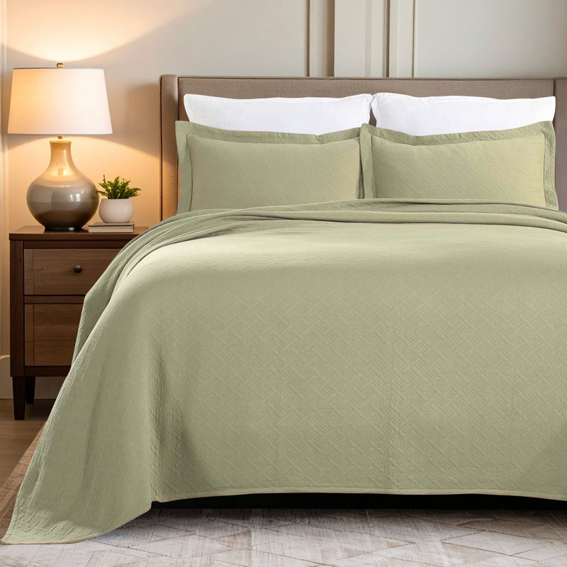 Ensemble de couvre-lit matelassé en coton Thek Nile Mills, Couvre-lit pour très grand lit + 2 taies décorat, Sauge