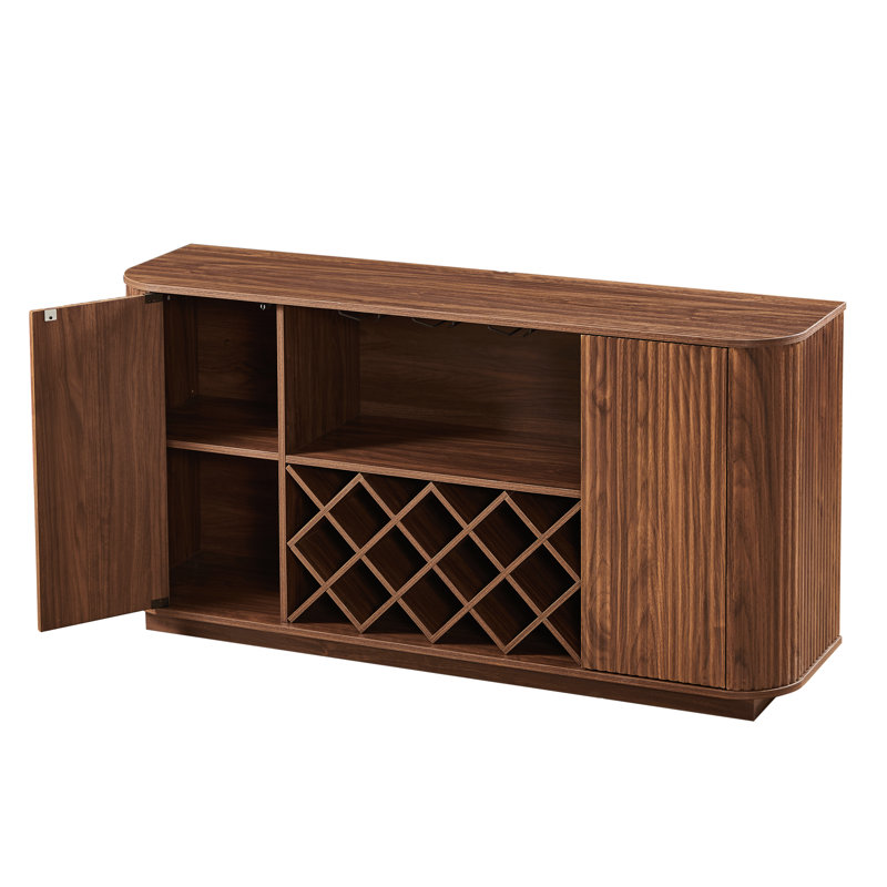 58" Modern Walnut Sideboard Buffet Cabinet With Wine Rack, Glassware Holder And Wavy Curve Design