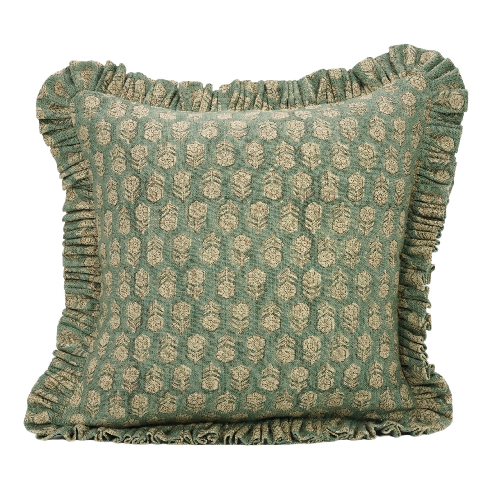 Fabdivine Block Print Handmade Frill Pillow Cover, Linen Floral Printed, 20"H x 20"W, Green Floral/Block Print
