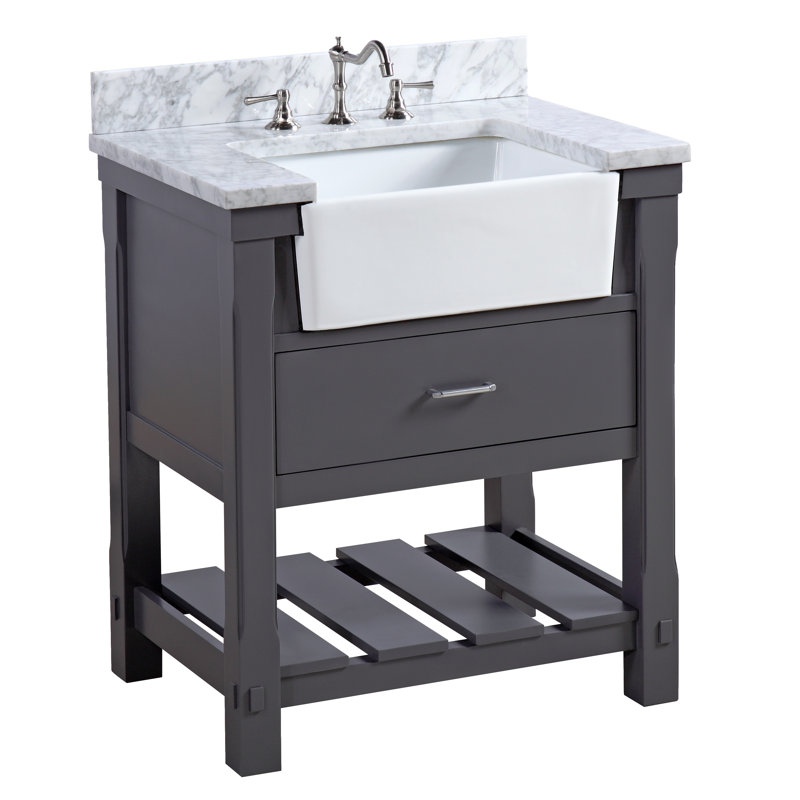Hitton 30'' Single Bathroom Vanity with Top, Marine Gray, Carrara Marble