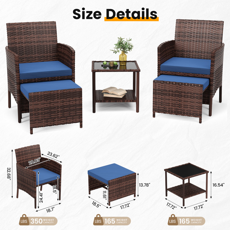 2-Person Wicker Patio Conversation Set With Ottoman and 2-Tier Glass Coffee Table, Navy Cushion/Brown Frame