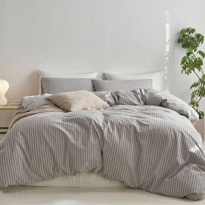 Ensemble de housse de couette à rayures 100% coton lavé MooMee