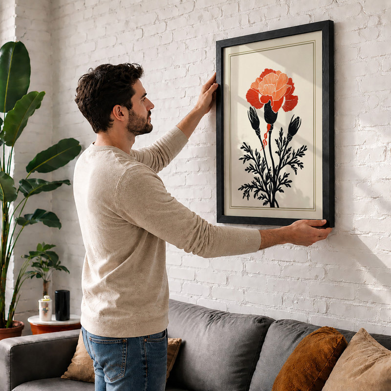 Carnation Study Botanical - Framed Print, A2 - 59.4 x 42.0 cm, Black