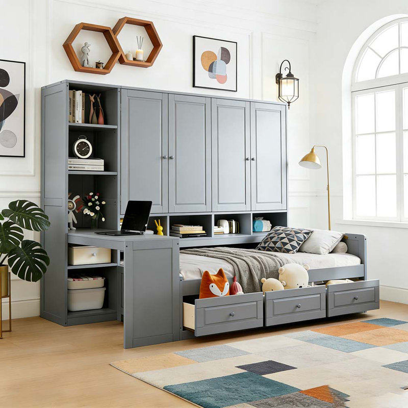 Full Size Wooden Daybed With Three Drawers, and All-in-One Cabinet, Desk and Shelves,, Gray, Full / Double