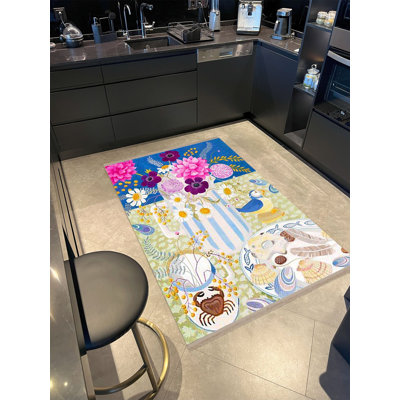 Tapis décoratif moderne à motif de vase, de fleurs, d'oiseaux et de coquillages de la collection Barcelona