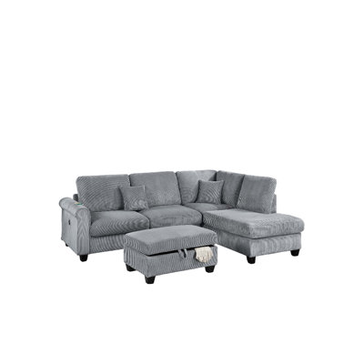 Contemporary Style 3Pc Sectional Set Right Arm Chaise Left Arm Sofa W/ USB Port Storage Ottoman Throw Pillow Wooden Legs Primary Living Room