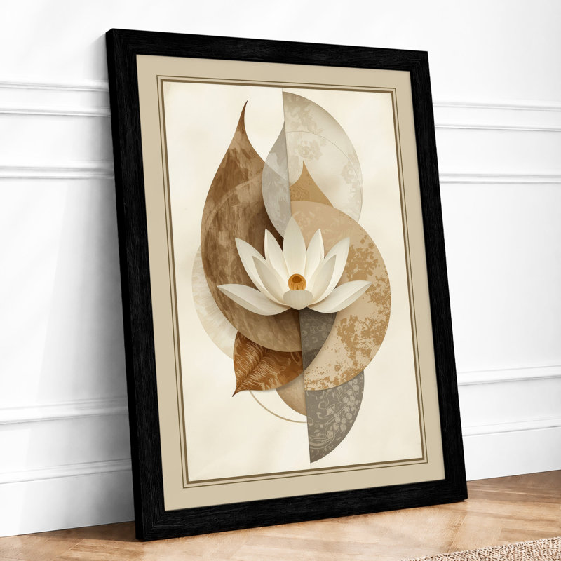 Lotus and Leaves Botanical - Framed Print, Black, A4 - 29.7 x 21.0 cm