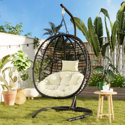  Single Person Folding Egg Chair with Stand, UV Resistant Wicker Rattan Swing for Patio, Garden, Black+Beige
