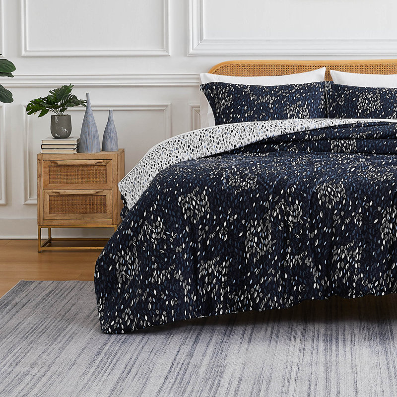 Adamson Botanical Leaves Down Alternative Reversible Comforter Set, Full/Queen Comforter + 2 Standard Shams, Blue