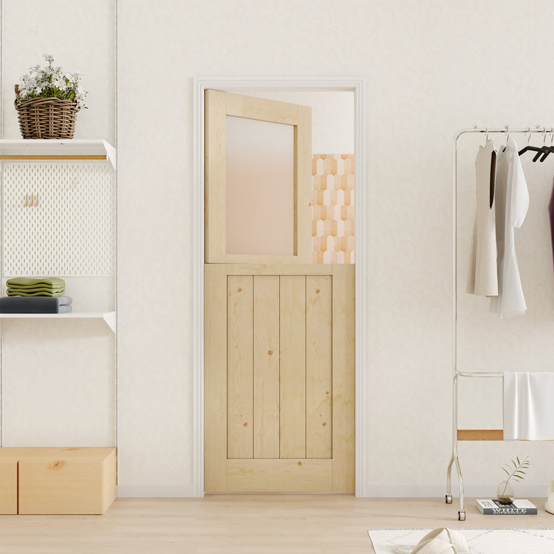 32 in. x 80 in. Natural Pine Interior Dutch Door with Frosted Glass