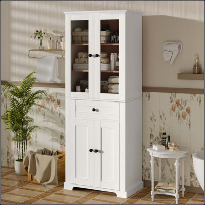 Modern Freestanding Bathroom Linen Tower, Storage Cabinet with Tempered Glass Doors, Adjustable Shelves & Soft-Close Drawer