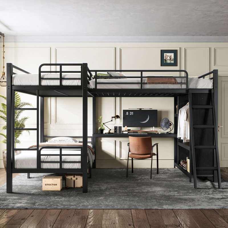 L-Shaped Triple Bunk Bed with Desk & Wardrobe, Twin XL over Twin XL with Full Loft, No Box Spring, Black