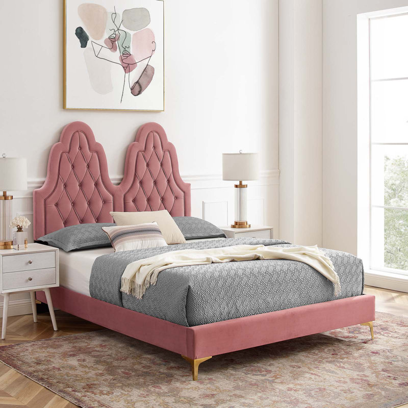 Lit plateforme en velours Alexandria, Vieux rose, Simple