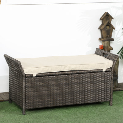 Outsunny Gallon Patio Wicker Storage Bench, Outdoor PE Rattan Patio Furniture, -In- Large Capacity Rectangle Garden Storage Box With Handles And Cush