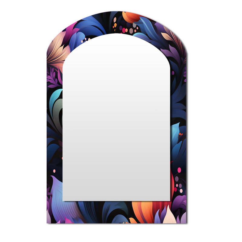 Multicolor Futurist Damask Nexus - Floral Asymmetrical Mirror, Pink Arch Decorative Wall Mirror, Printed Metal Art, 43" x 33"