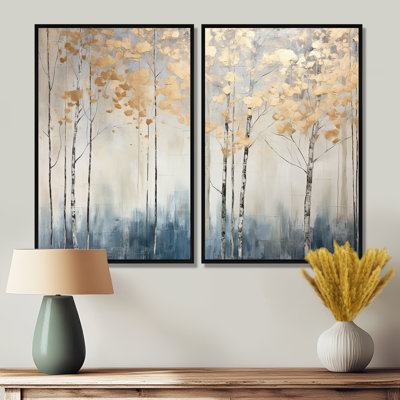 Minimalisme, forêt bleue et dorée II, art mural forêt à 2 panneaux