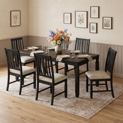 7-Piece Extendable Dining Room Set, Rectangular Table with Removable Leaf and 6 Upholstered Chairs