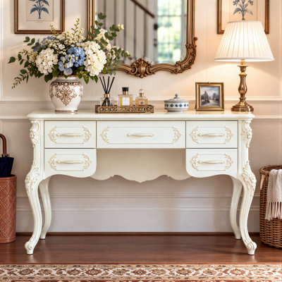 47.2'' W 5-Drawer Writing Desk with Carved Details and Cabriole Legs