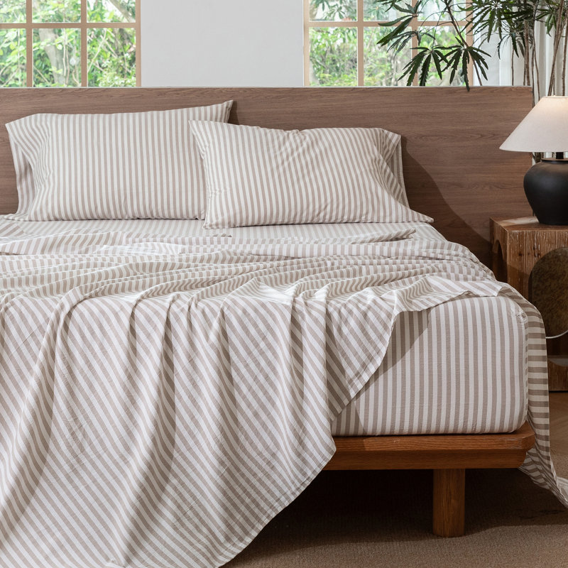 Ensemble de draps 100% coton lavé MooMee, Ensemble de draps pour grand lit avec 2 taies d'or