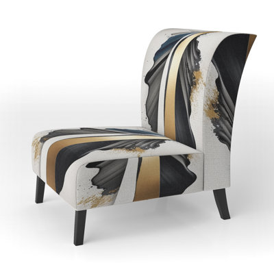 Black And Gold Cubic Expression VII - Upholstered Modern Slipper Chair, Cubist Abstract Accent Chair
