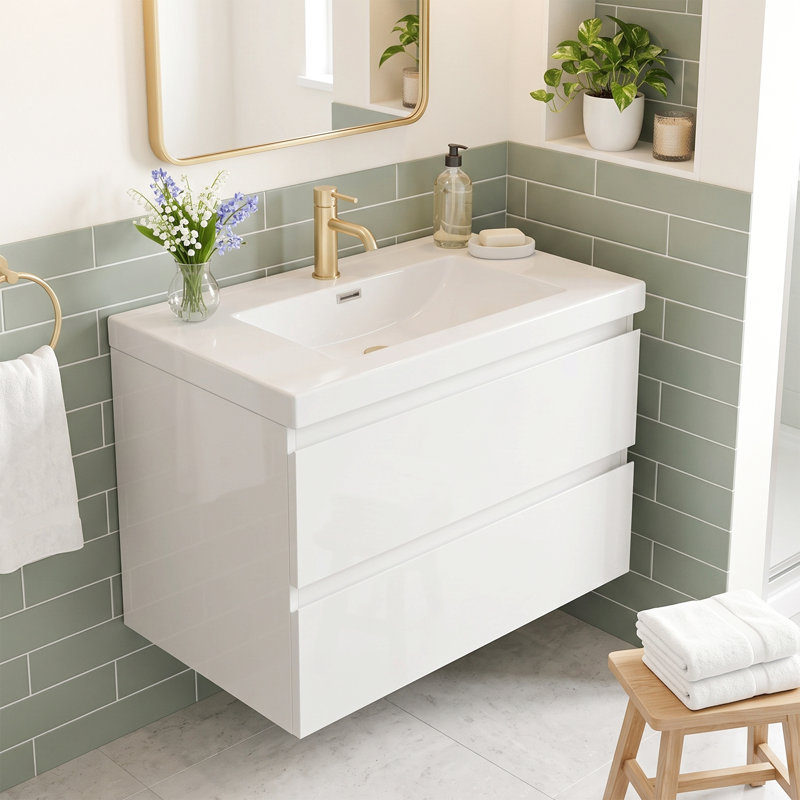 Meuble-lavabo suspendu flottant en mélamine de bois de 30 po avec lavabo intégré en résine et carbonate de calcium, quincaillerie de qualité supérieure à fermeture en douceur, aménagement de rangement intelligent et spacieux (entièrement assemblé)