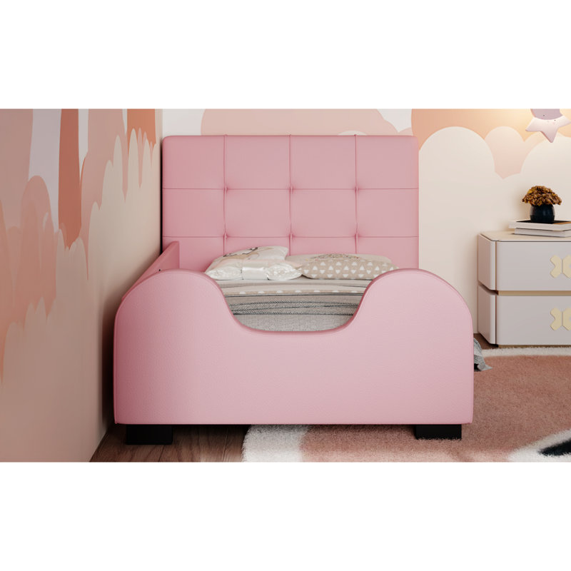 Lit plateforme tapissier simple rose avec garde-corps - look moderne, tête de lit stylée remplie de mousse