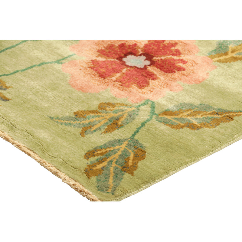 Rug & Kilim’S Chinese Art Deco Square Rug In Green With Colorful Floral Patterns, Rectangle 12' x 18'