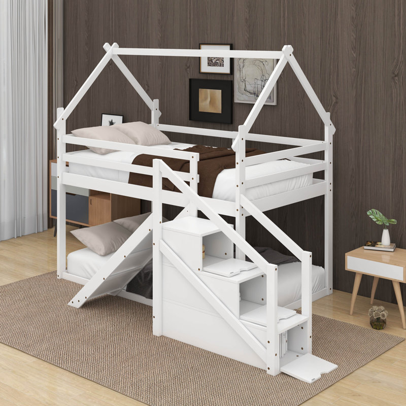 Armadeo Twin over Twin House Loft or Bunk Bed with Slide and Staircase, White