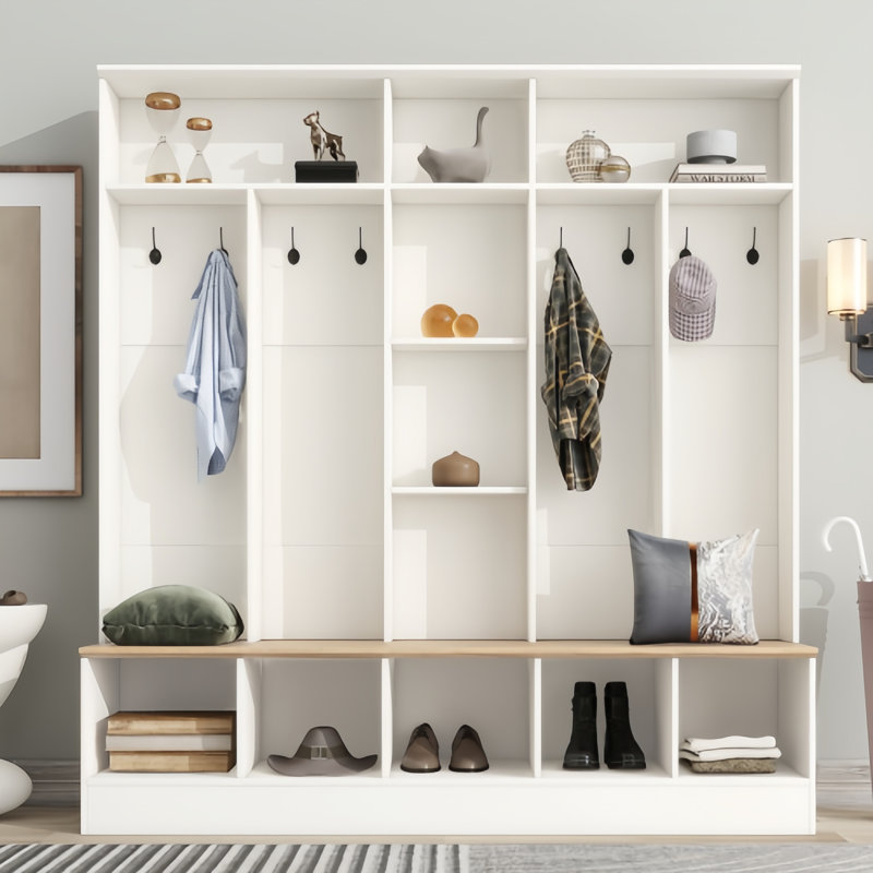 Wide Hall Tree With Storage Bench & Cube Shelves | Minimalist Entryway Shoe Cabinet With 8 Hooks For Mudroom, White