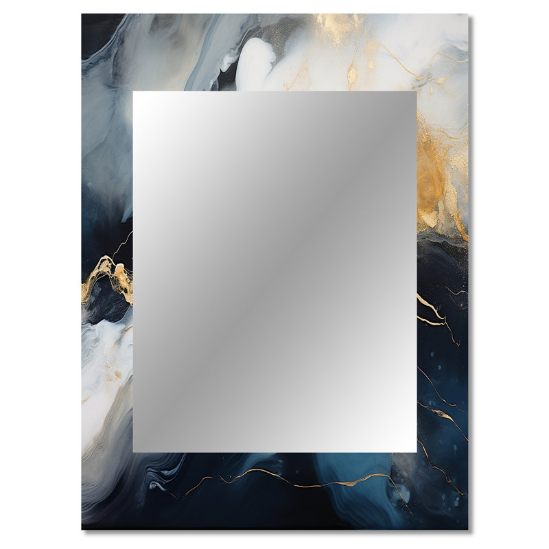 Gold and blue Abstract marble ink I - Marble Mirror, Modern Decorative Wall Mirror, Printed Metal Art, 40" x 30"