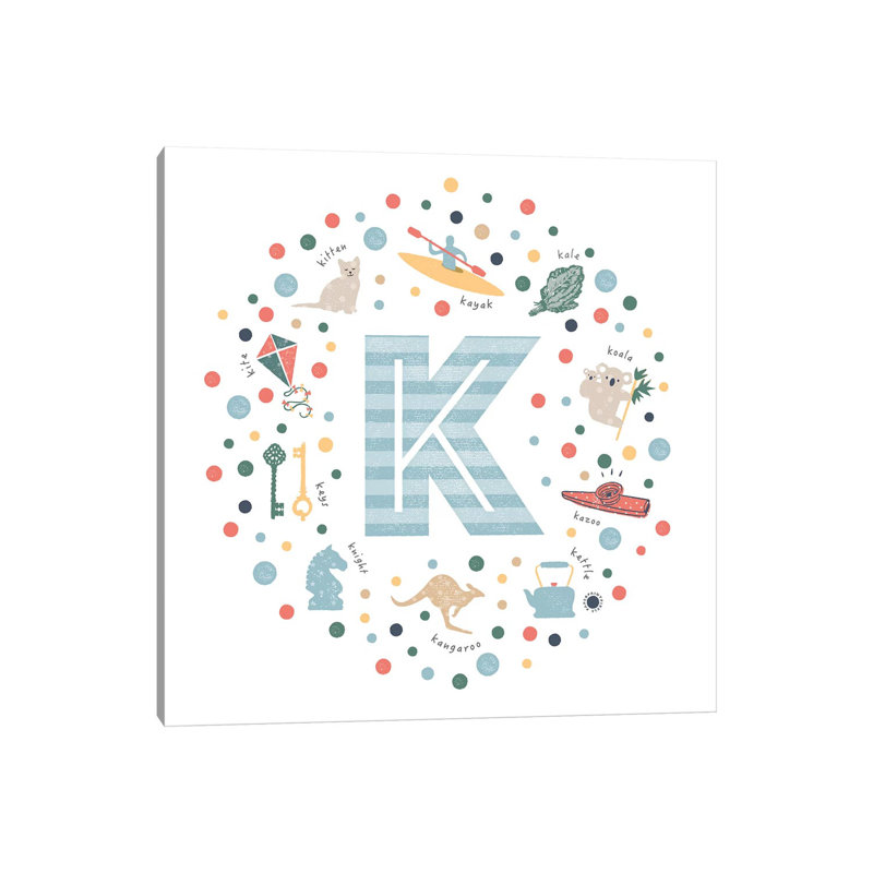 Lettre K illustrée, impression bleue, Toile tendue, Pas de tapis, H 26 po x l 26 po x P 1,5 po