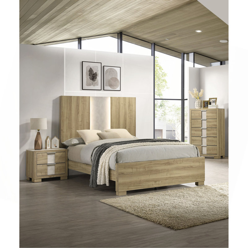 Lit à panneau 1pc contemporain avec éclairage intégré bois flotté, Très grand lit