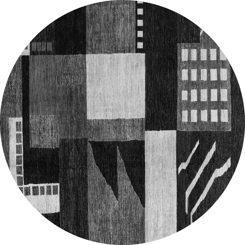 Tapis gris / noir en laine et polyester à tissage machine abstrait, Rond 7 pi