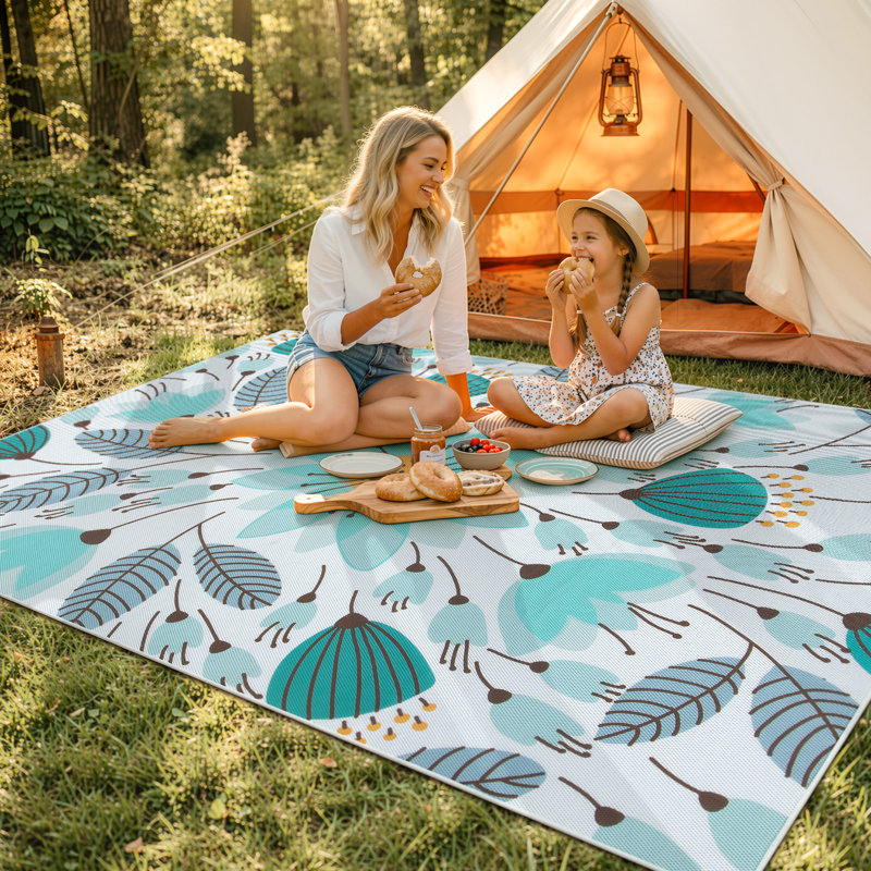 Washable 5X8 Blue Floral Outdoor Rug, Non Slip Quick-Dry Mesh Rug for Outside, Rectangle 5' x 8'