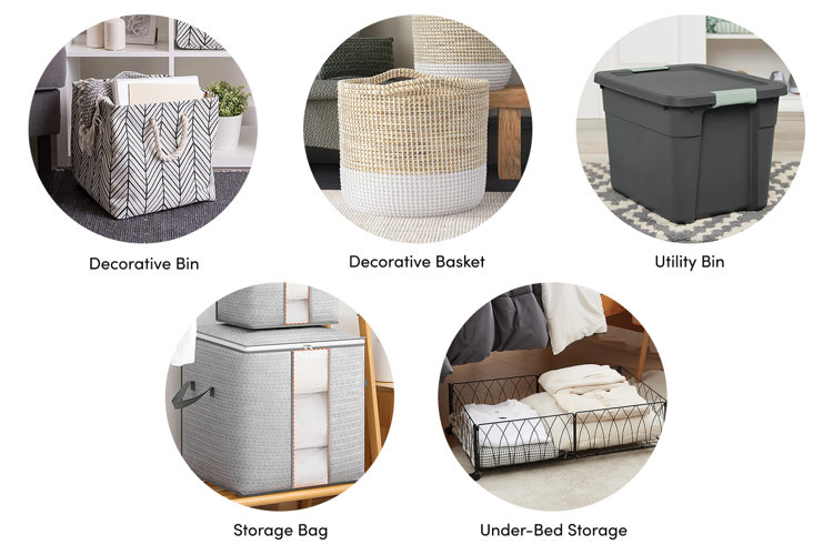 collage of types of storage bins: decorative bin, decorative woven basket, utility storage bin, storage bag, and under-bed storage