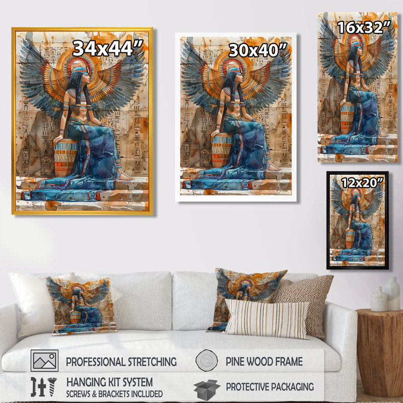 Bleu et beige, déesse égyptienne II - Égypte, impression d'art mural, Toile encadrée noire simple, H 32 po x l 24 po x P 1 po