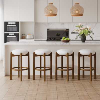 Lunara Mid-Century Modern Rubberwood Upholstered Barstools With Curved Back And Footrest