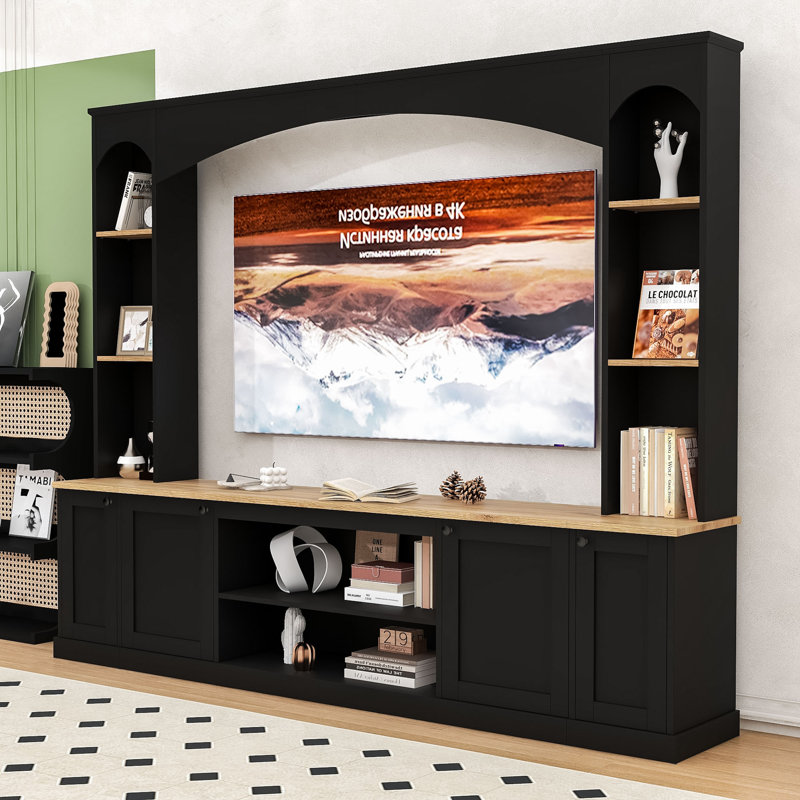 Meuble audio-vidéo élégant avec bibliothèque, armoires de rangement et tablettes réglables pour téléviseurs de 70 po ou moins